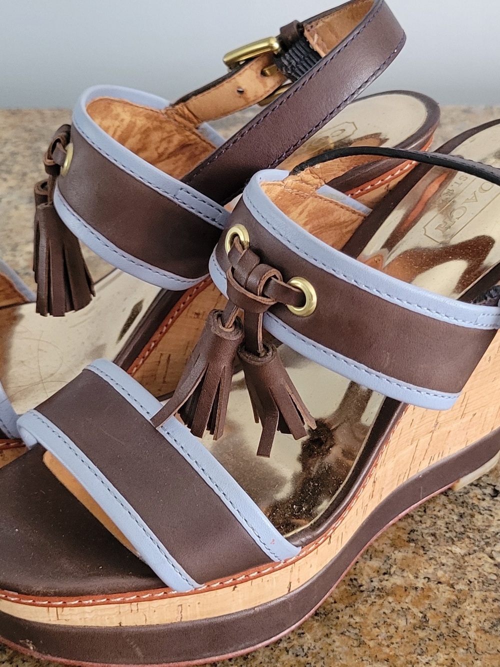 MICHAEL Michael Kors Brown and Light Blue Tassel Wedge Sandals